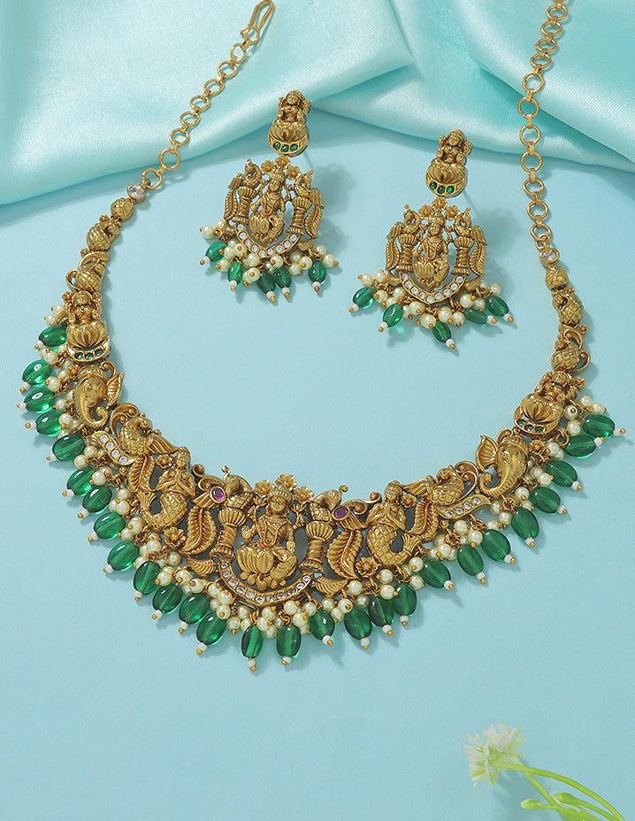Designer Zirconia Royal Eemerald Beads Kempu Necklace Set