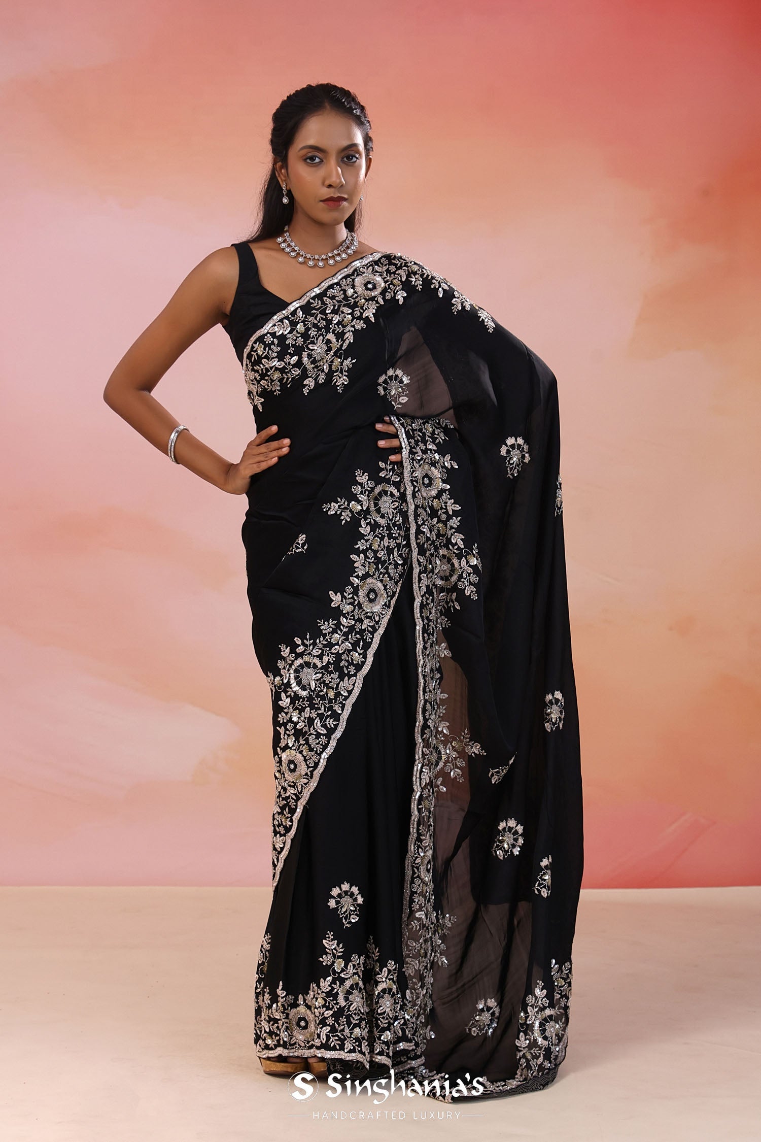 Black Satin Silk Saree With Sequin And Cutdana Work