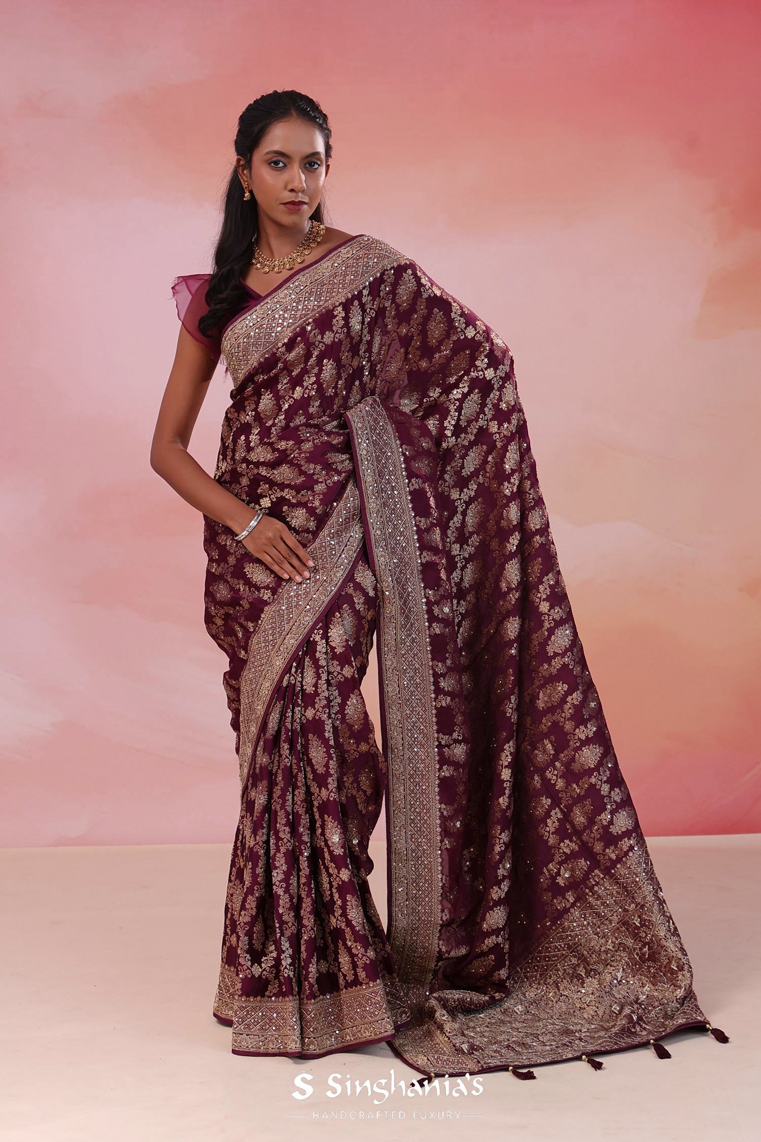 Barossa Purple Georgette Banarasi Saree With Jaal