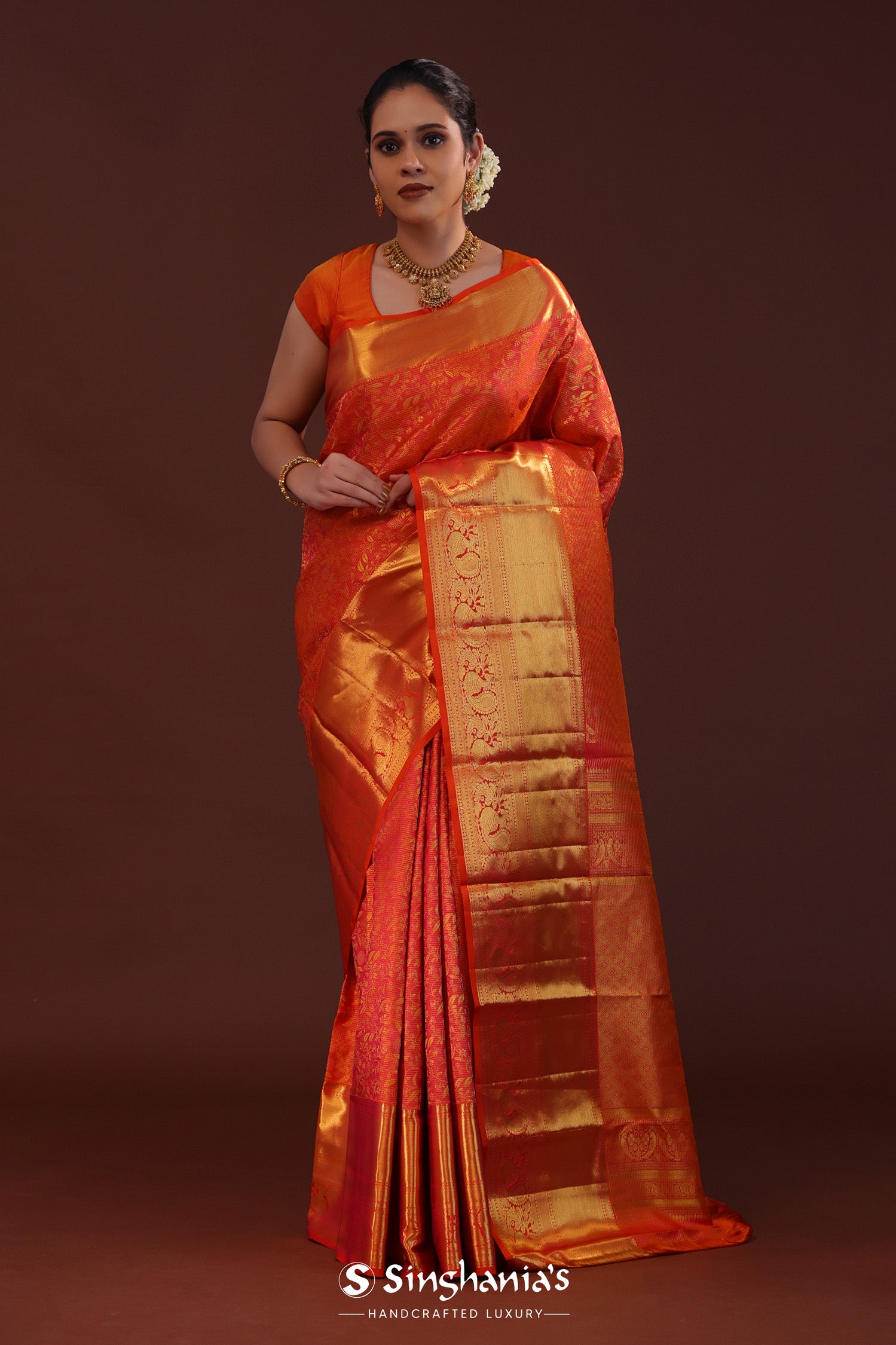 Burnt Red Kanjivaram Silk Saree With Floral Jaal