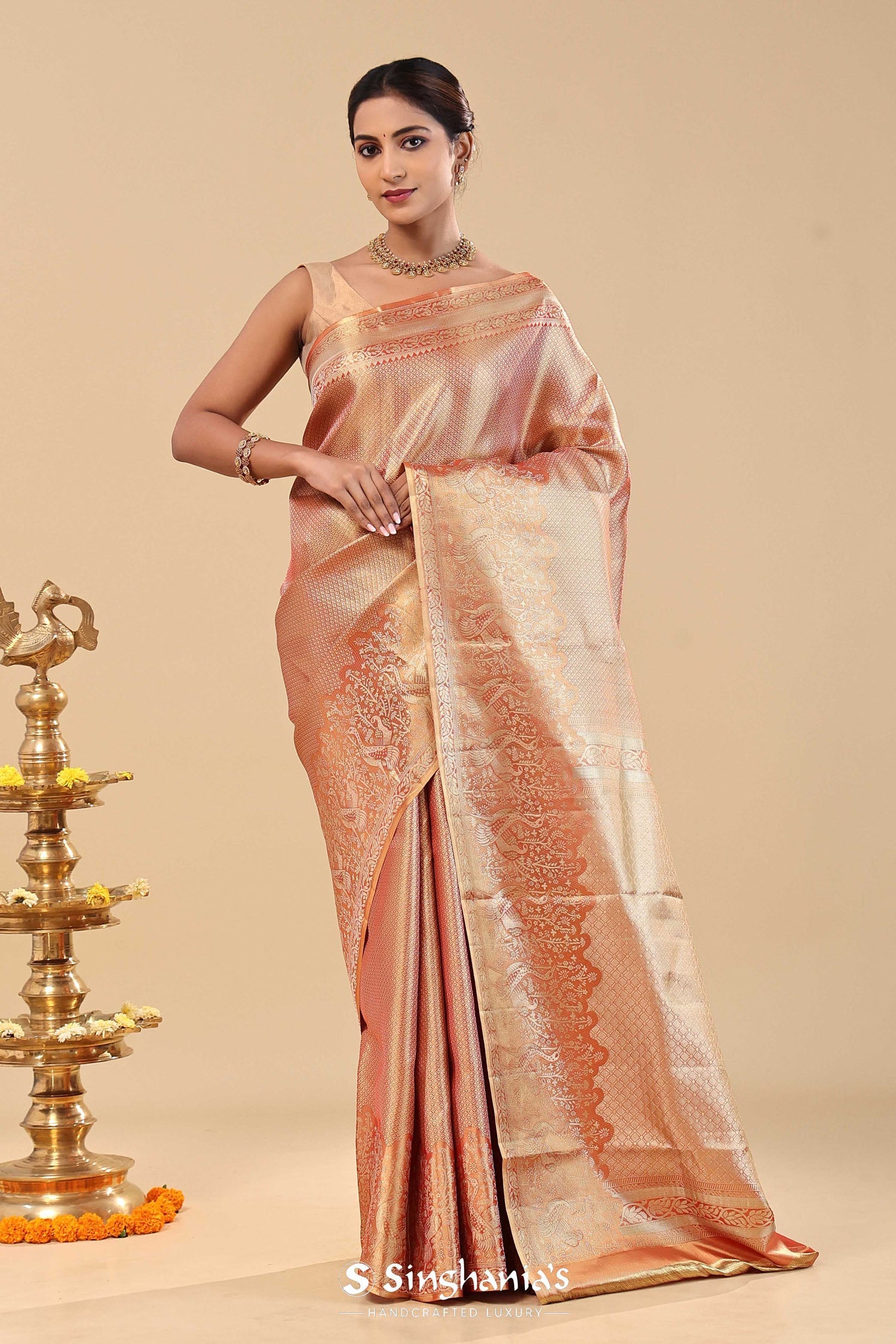 Burnt Sienna Kanjivaram Saree With Gold Zari