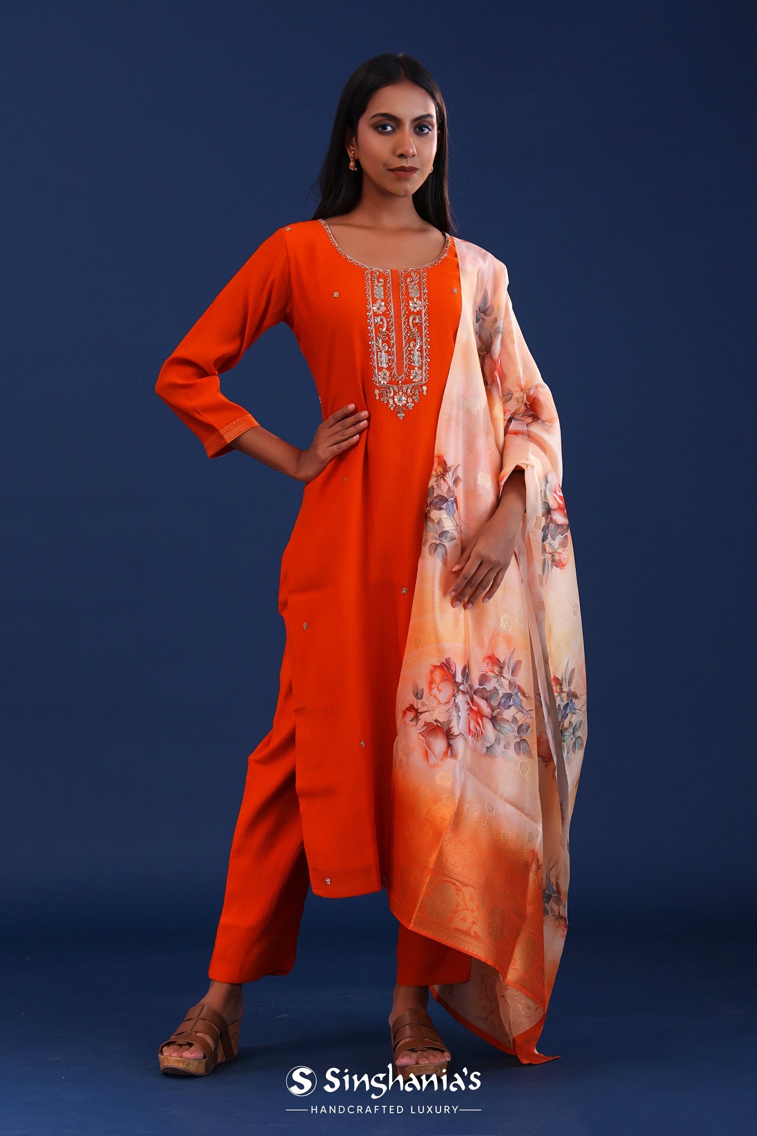 Fire Orange Crush Georgette Sequence Work Kurti Set