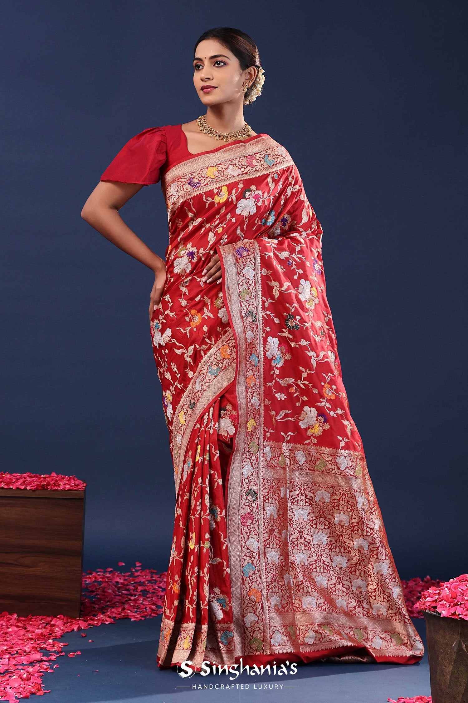 Blood Red Banarasi Saree With Meenakari Jaal