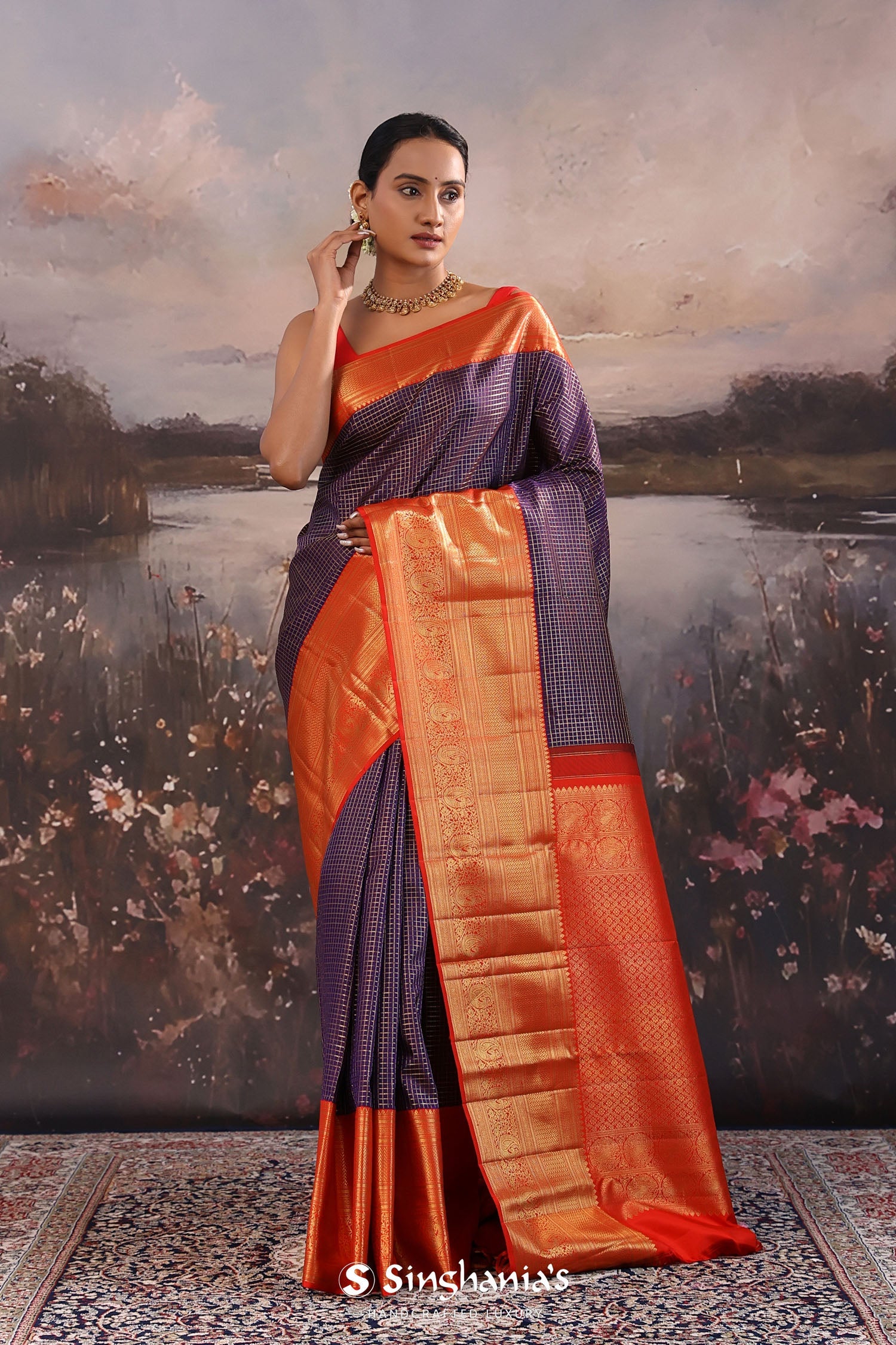Bleached Coral Purple Kanjivaram Silk Saree With Contrast Border