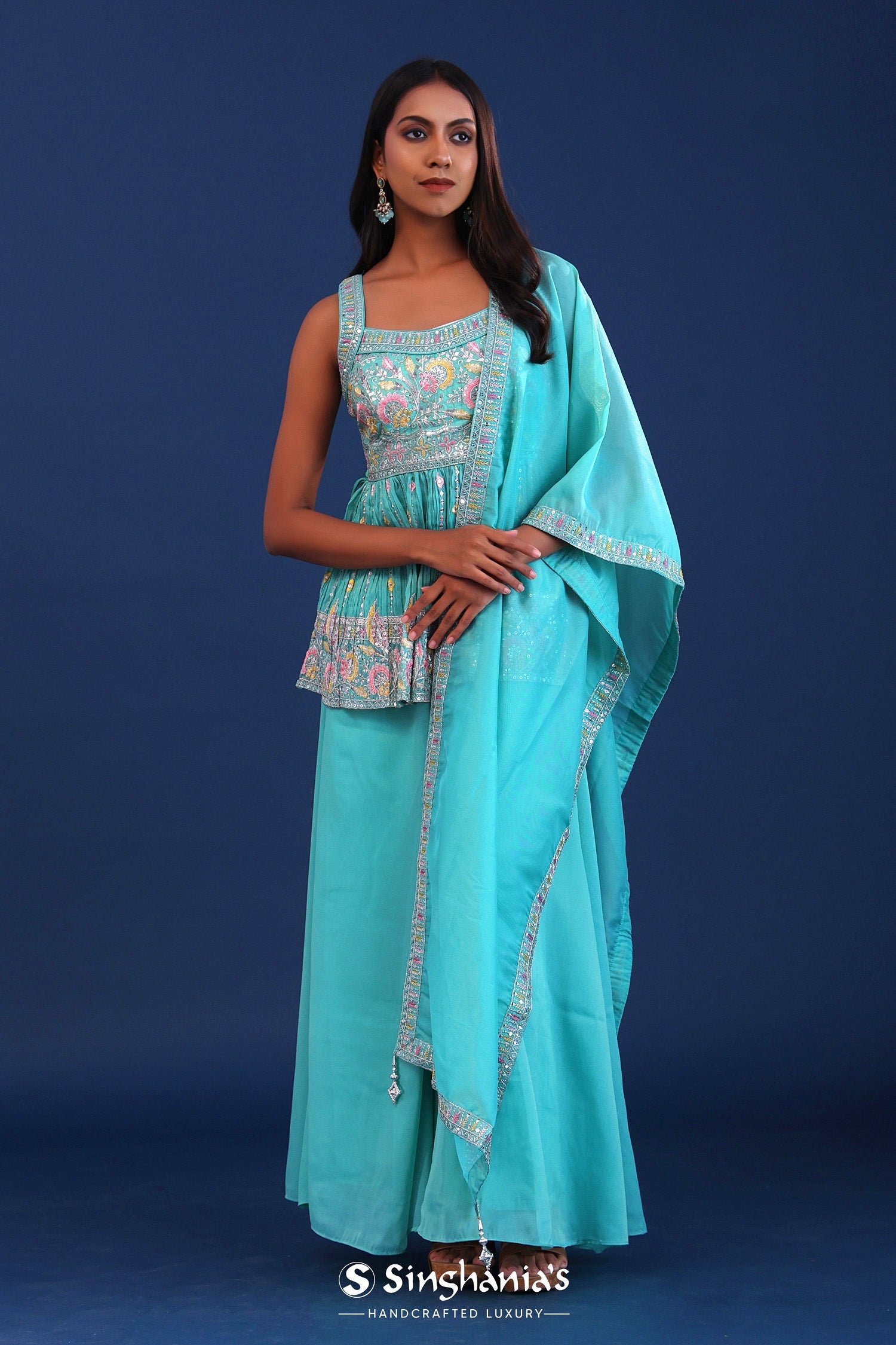 Aqua Green Georgette Embroidered Indo-Western Set