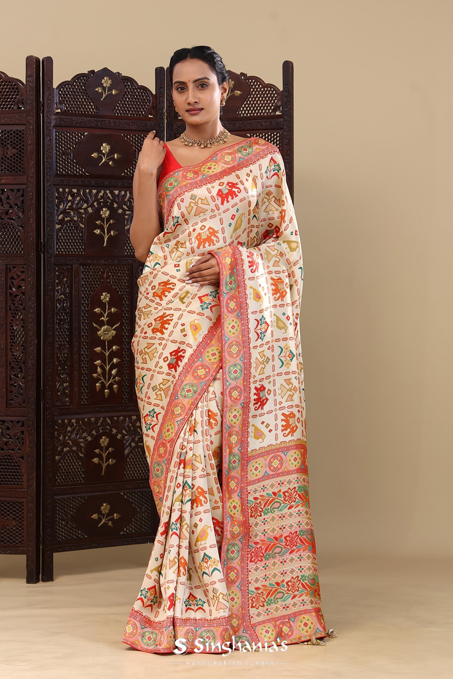 Cream Banarasi Tissue Saree With Animal Motifs
