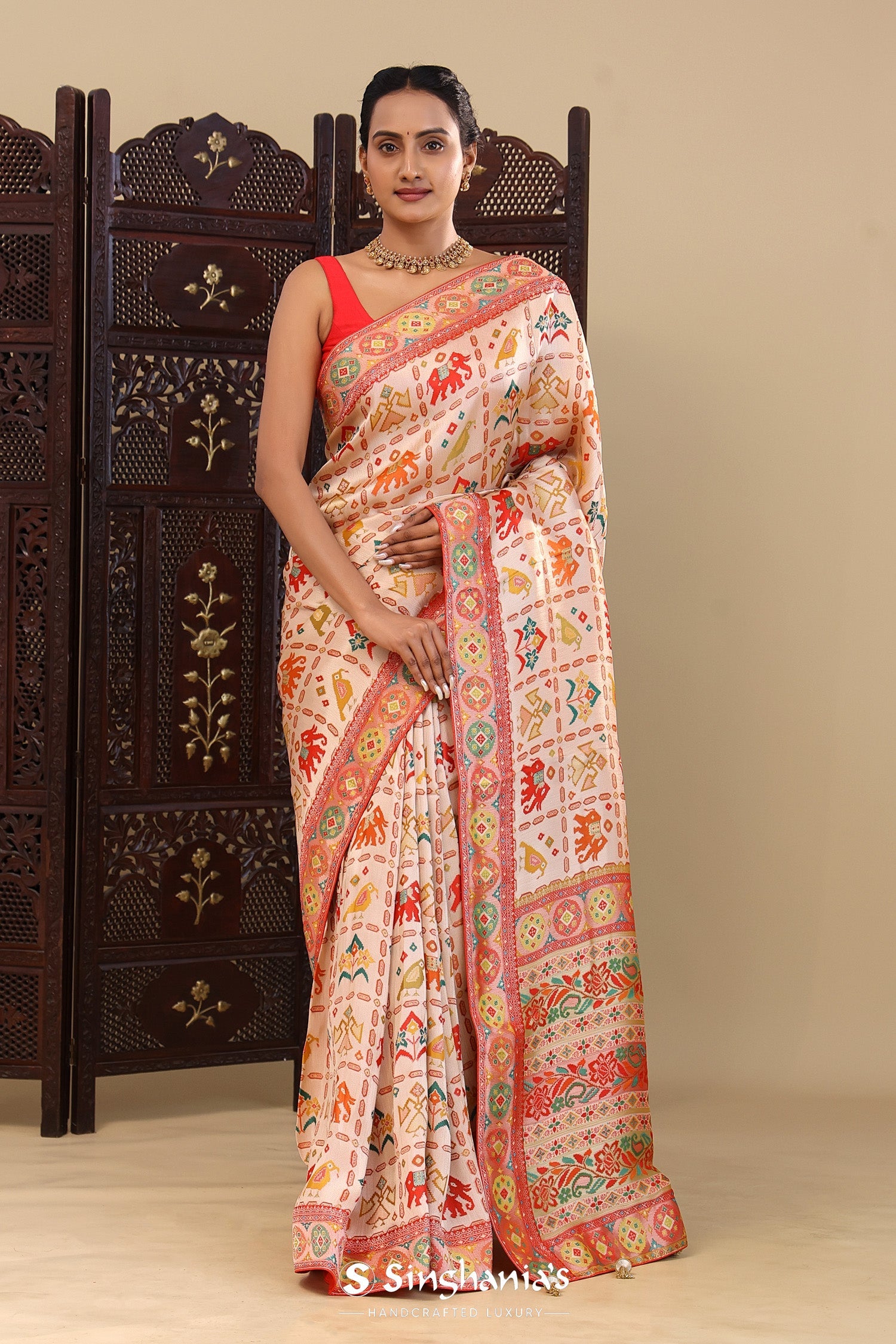 Apricot Cream Banarasi Tissue Saree With Animal Motifs