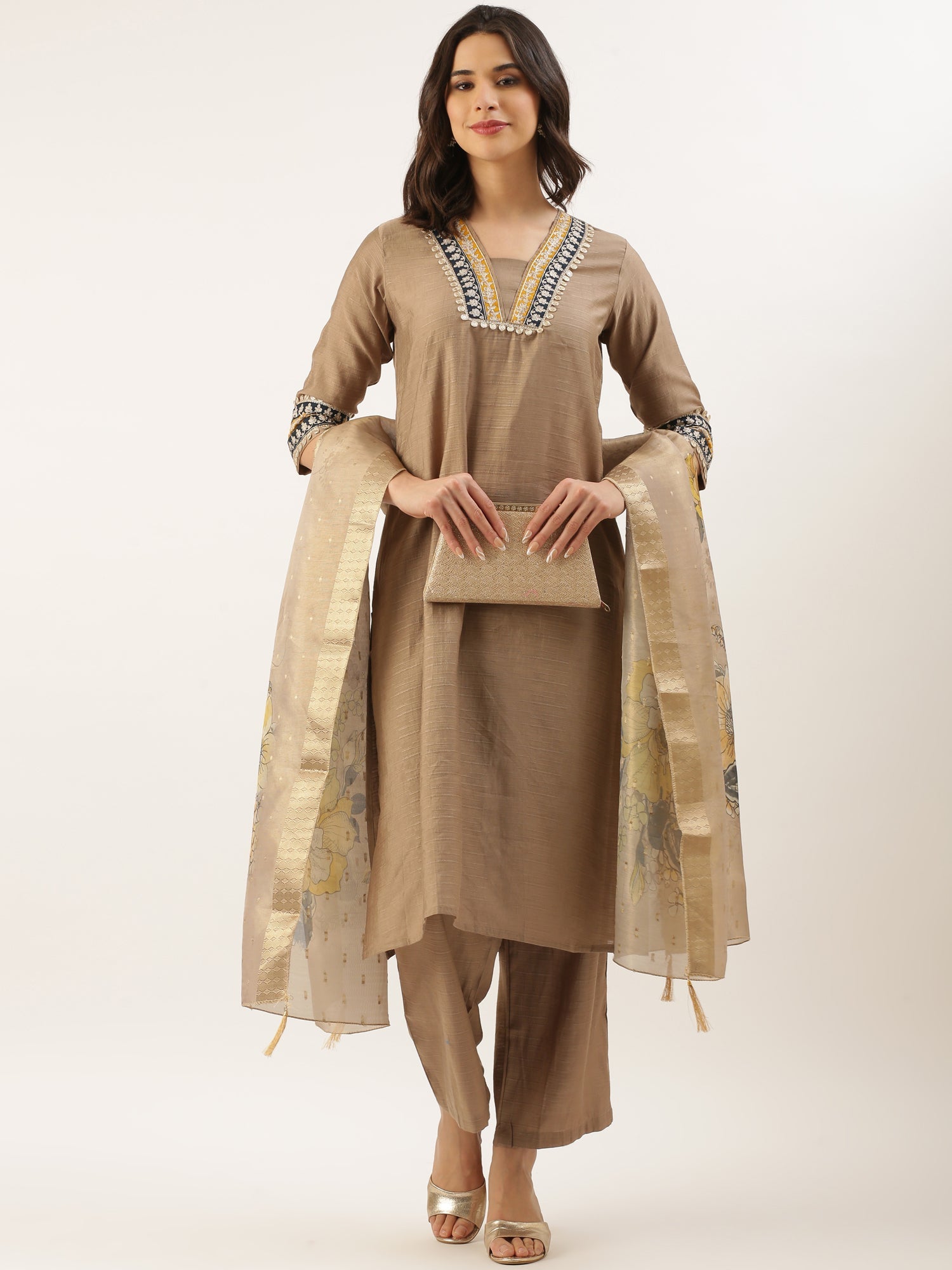 Beige Modal Silk Three Piece Suit Set