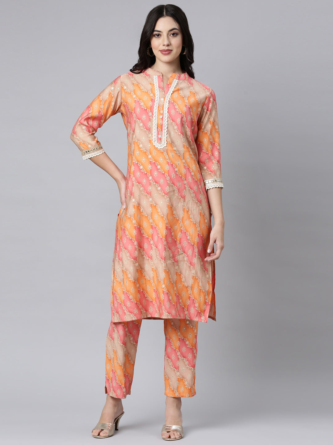 Neerus Orange Regular Straight Floral Kurta And Trousers