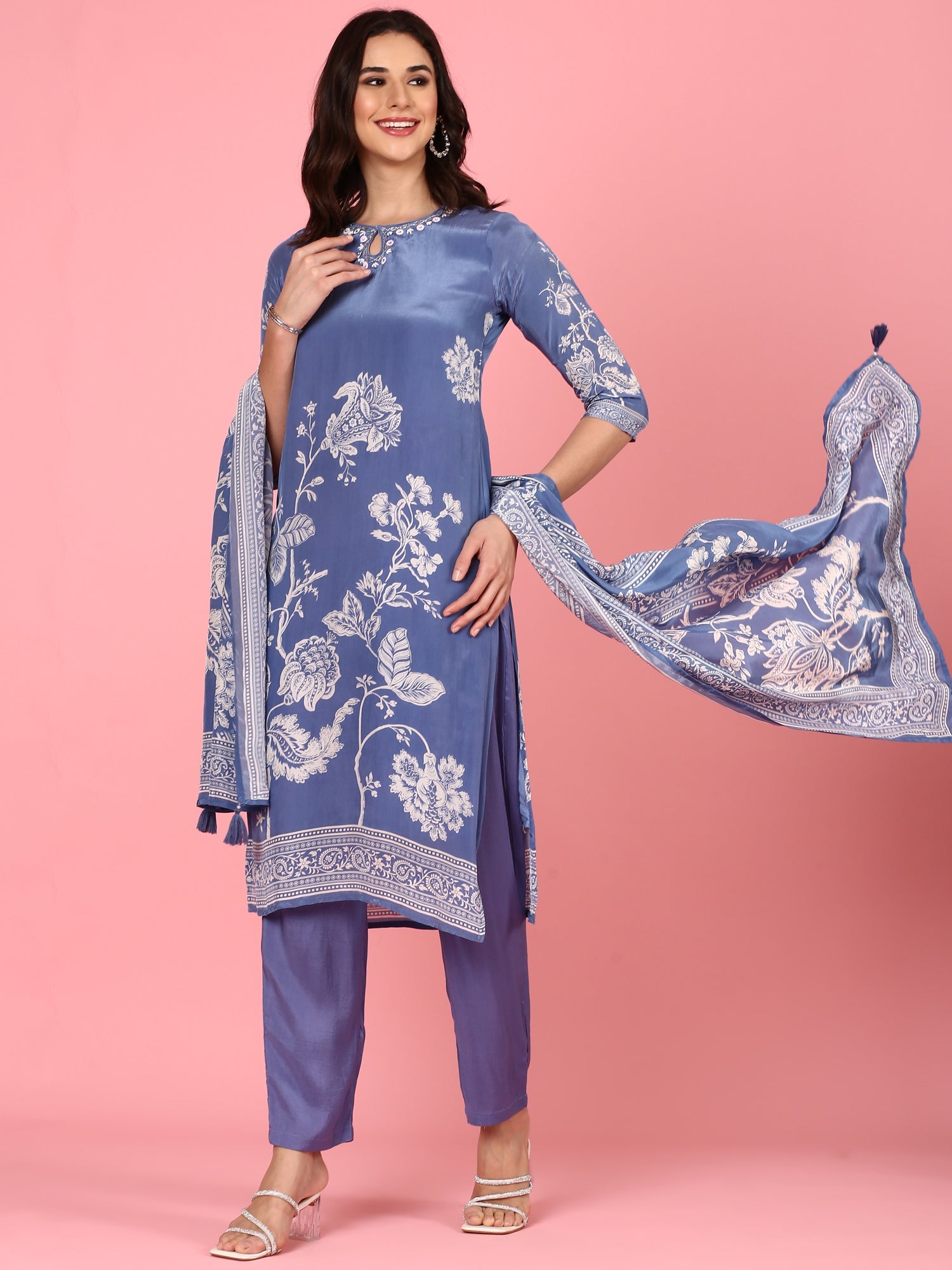Blue Crepe Digital printed three piece suit Set