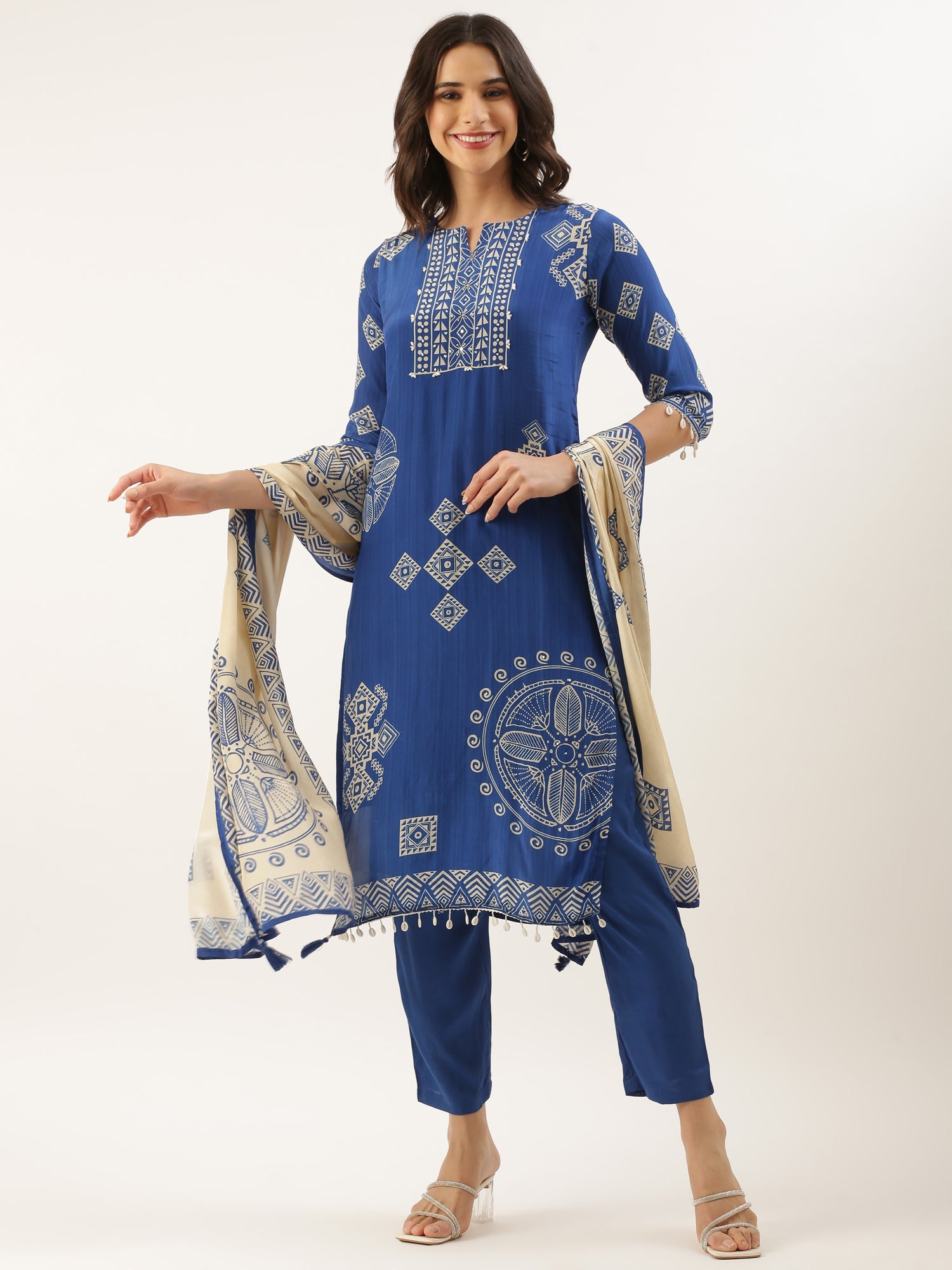 Blue Crepe Printed Three Piece Suit Set