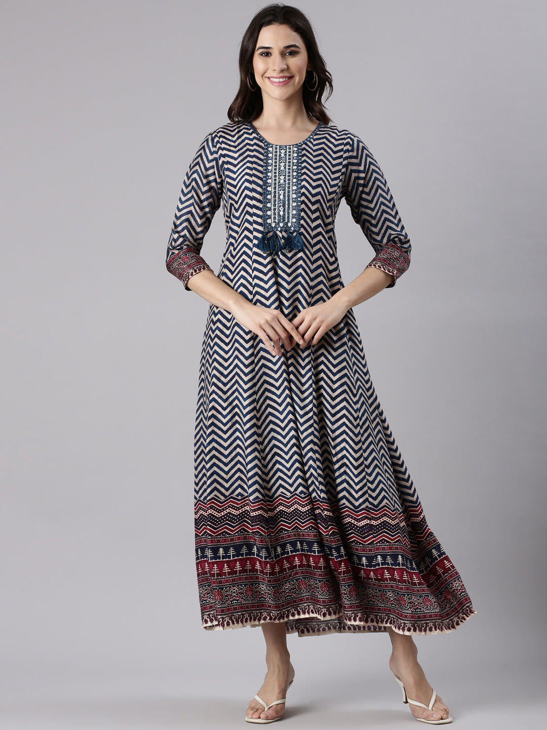 Navy Blue Silk Long Anarkali Kurta