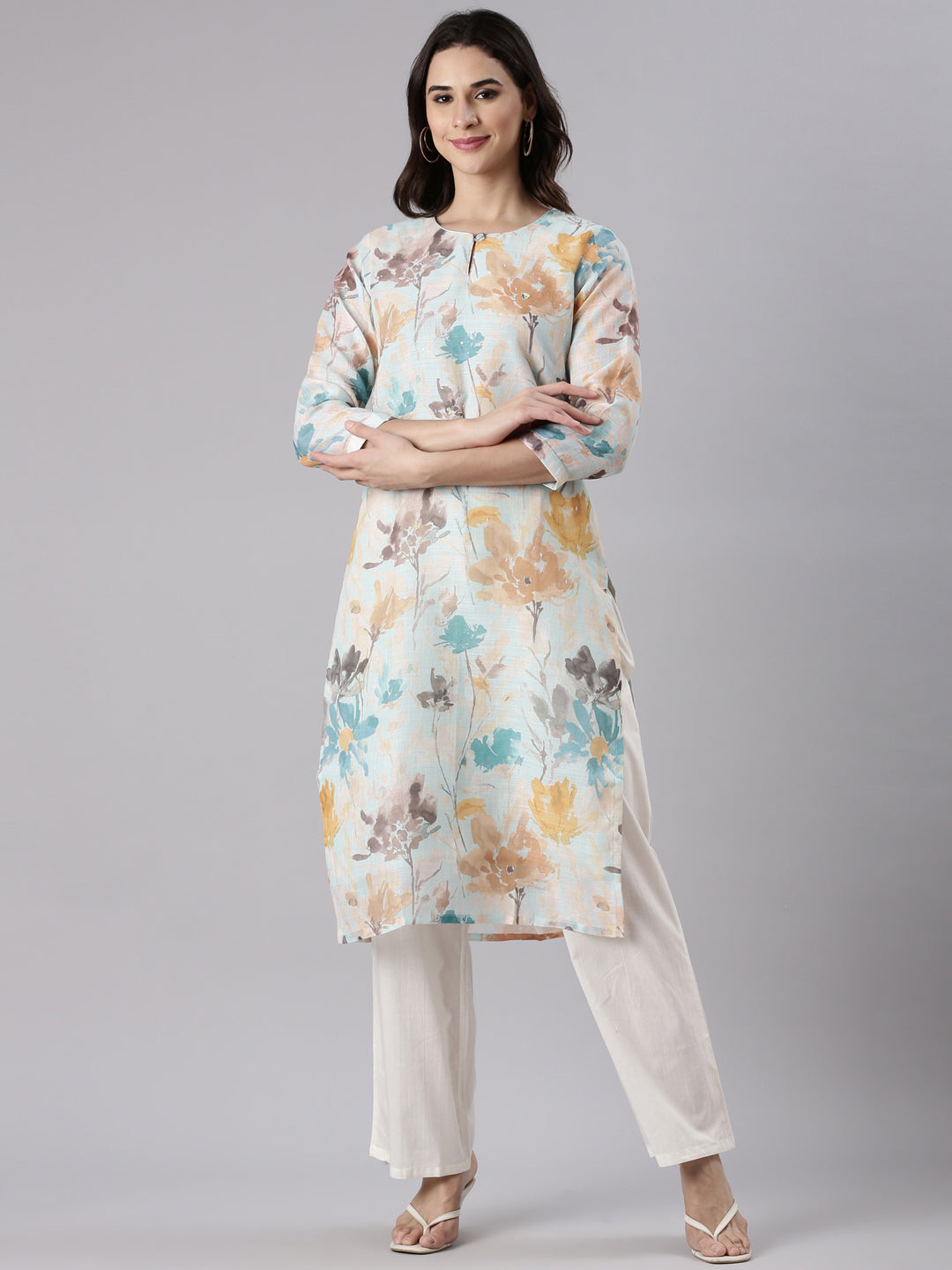 Aqua Linen Printed Kurta