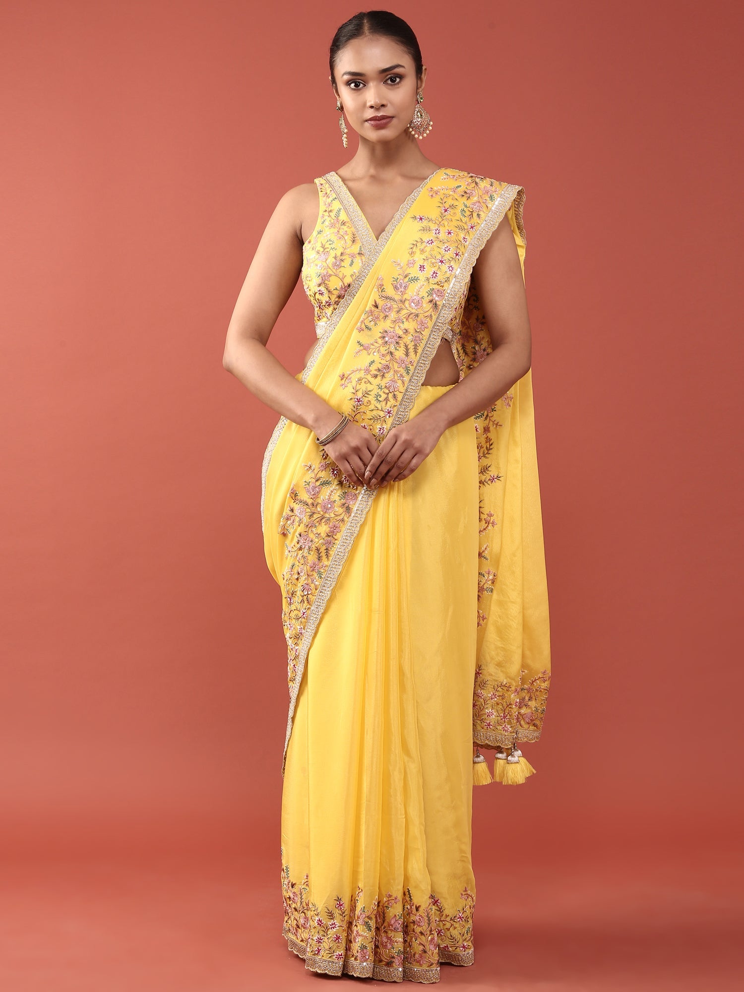 Lemon Crepe Embroidery Saree With Readymade Blouse