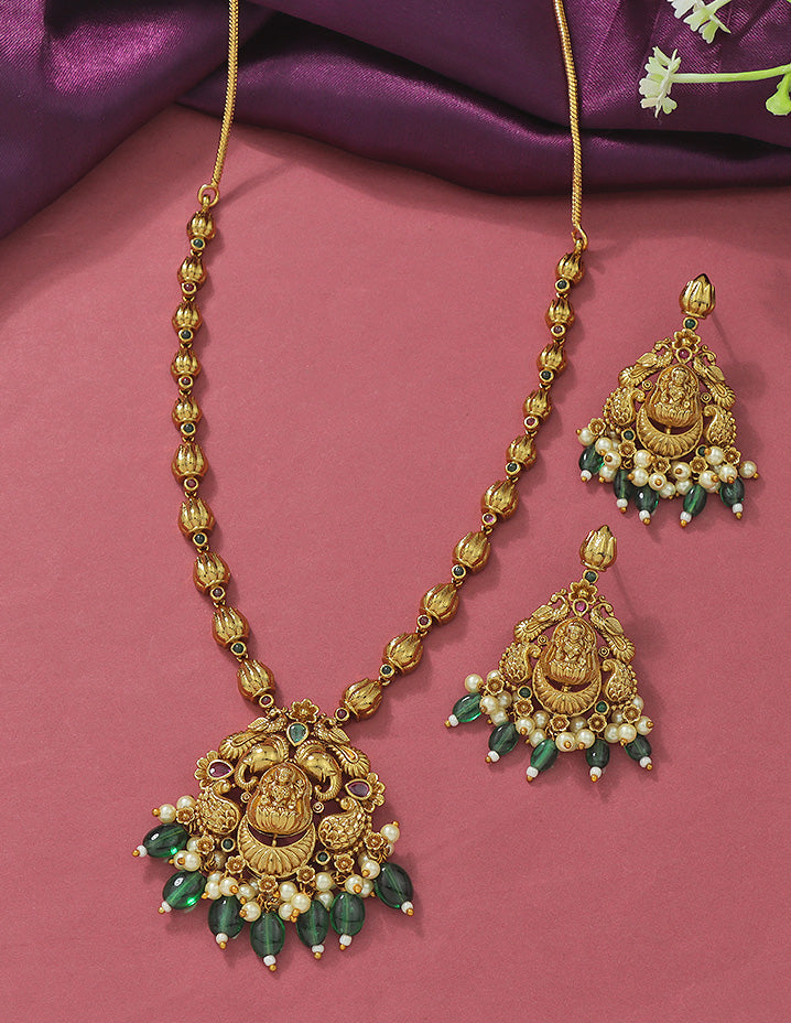 Designer Lakshmi Devi Emerald Matt Kempu Necklace Set