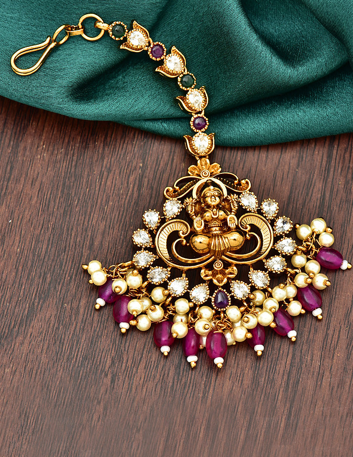 Antique Zirconia Stone Maang Tikka With Ruby Beads