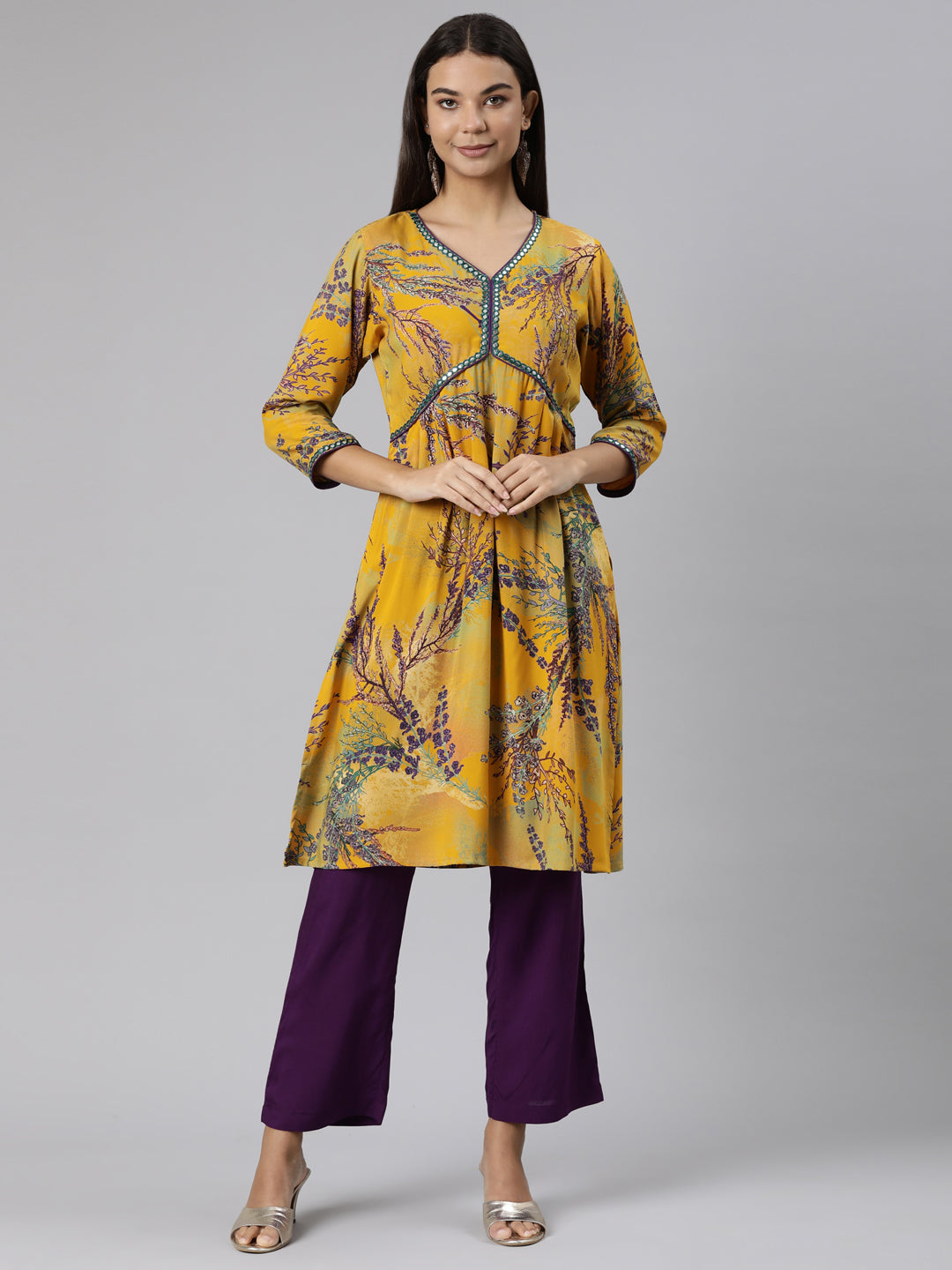 Neeru's Mustard Regular Straight Tribal Kurta And Trousers