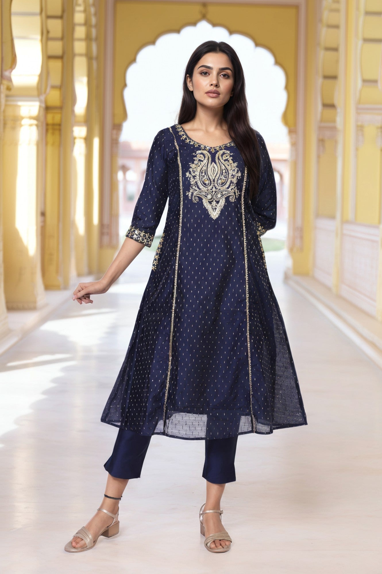 Blue Embroidered A-Line Kurta