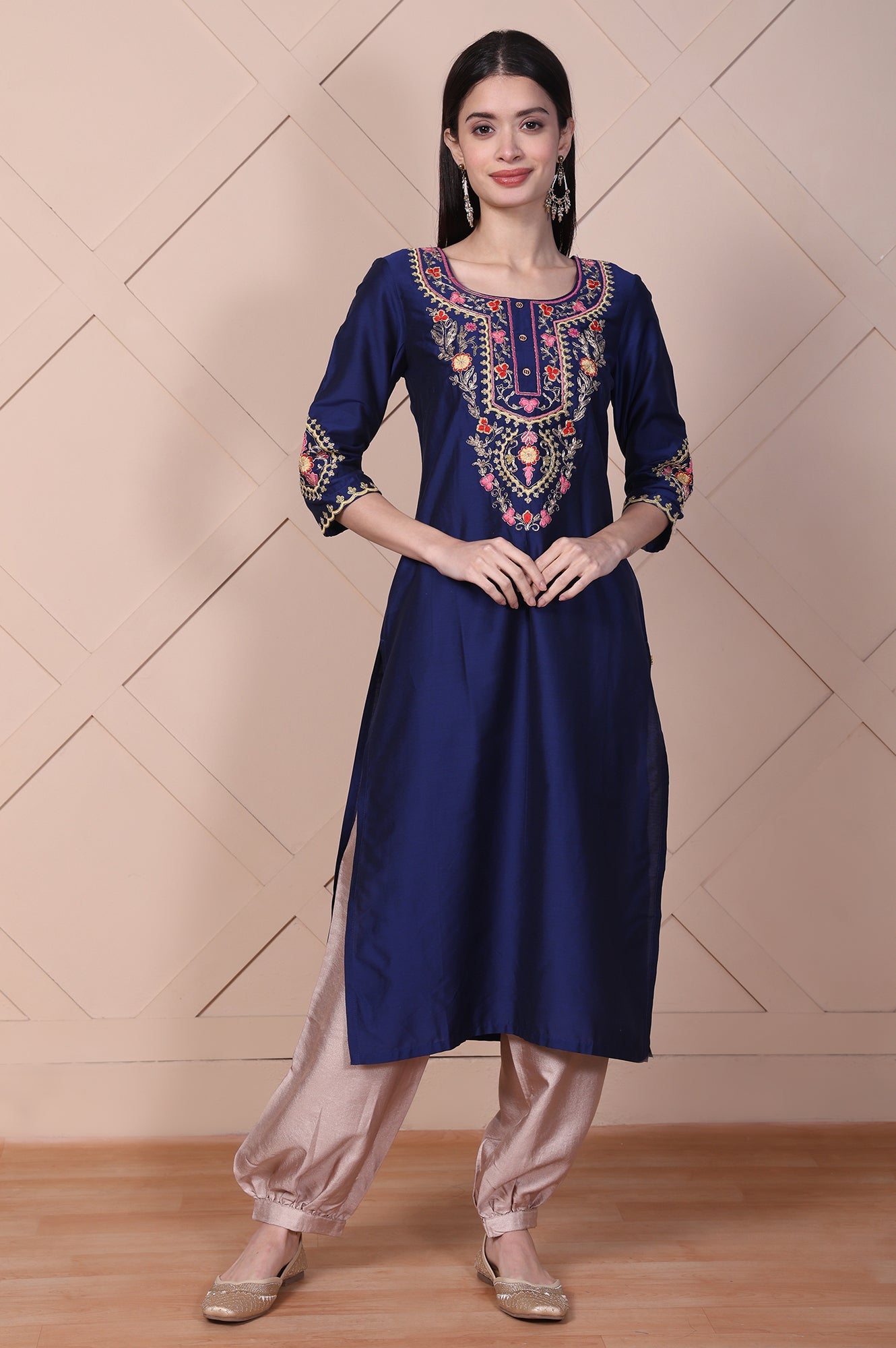 Blue Embroidered Straight Silk Blend Kurta