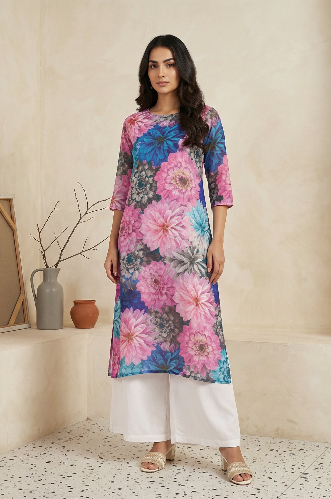 Multicolor Bold Floral Printed Straight Kurta