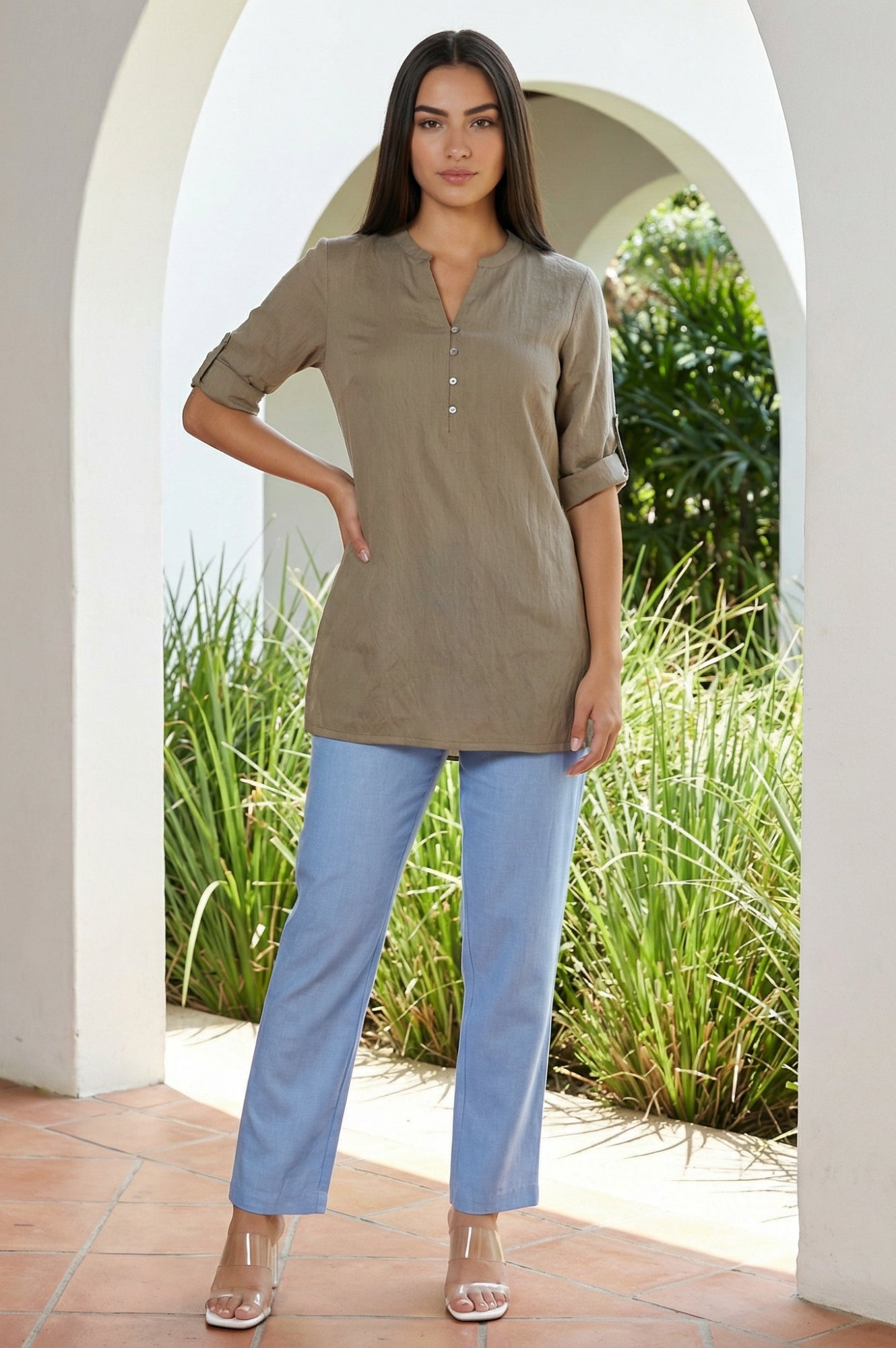 Olive Solid Buttons Straight Kurti