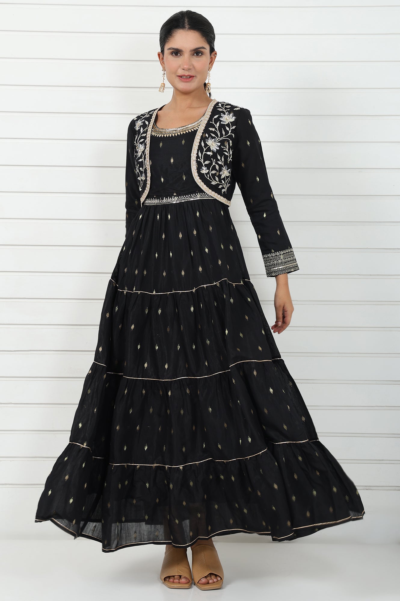 Black Abstract Printed Dori Embroidered Jacquard Flared Dress And Jacket Set
