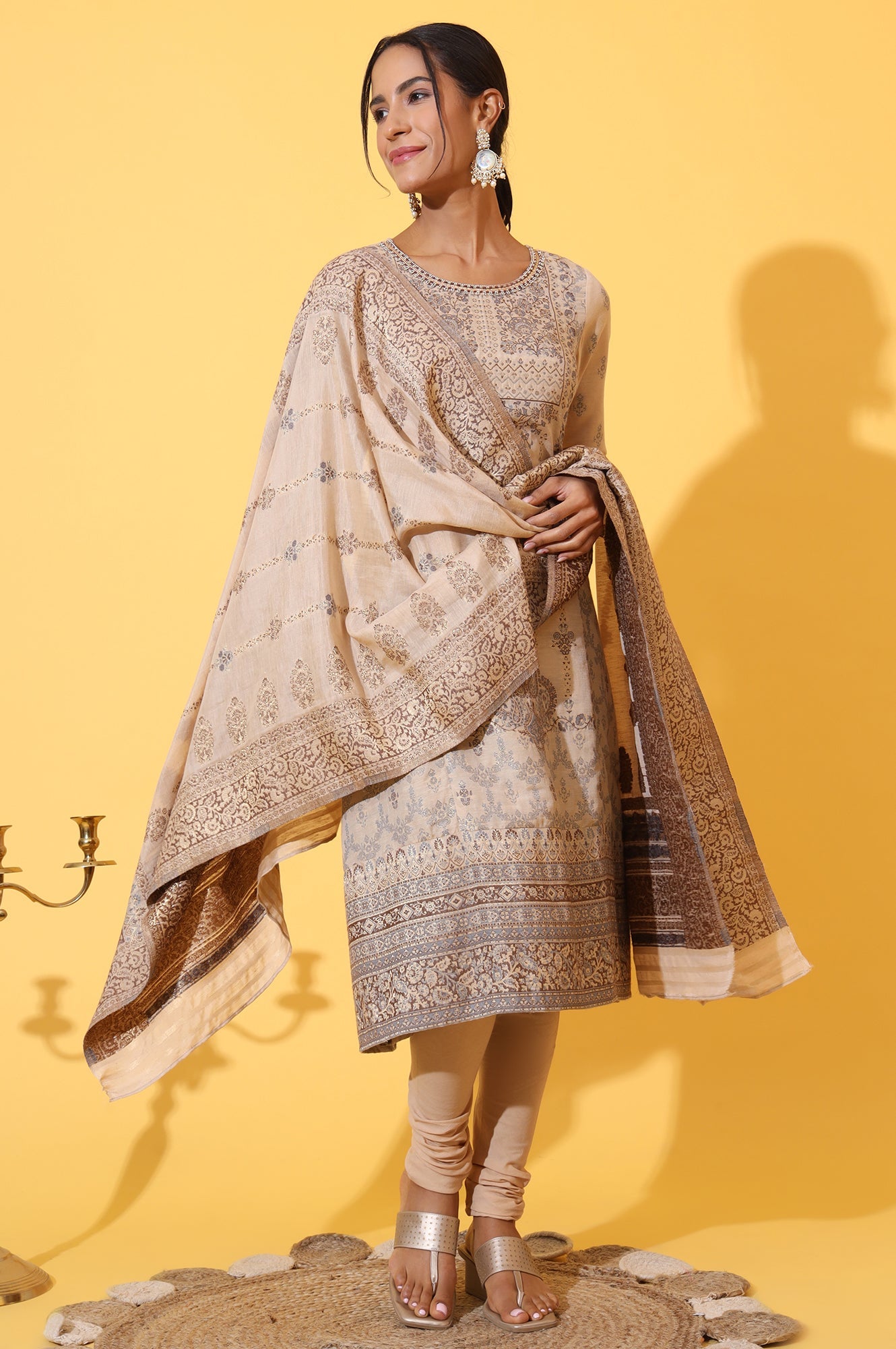 Beige Yarn Dyed Panelled Kurta, Churidar and Dupatta Set