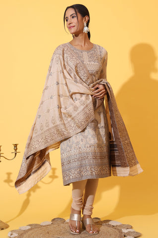 Beige Yarn Dyed Panelled Kurta, Churidar and Dupatta Set