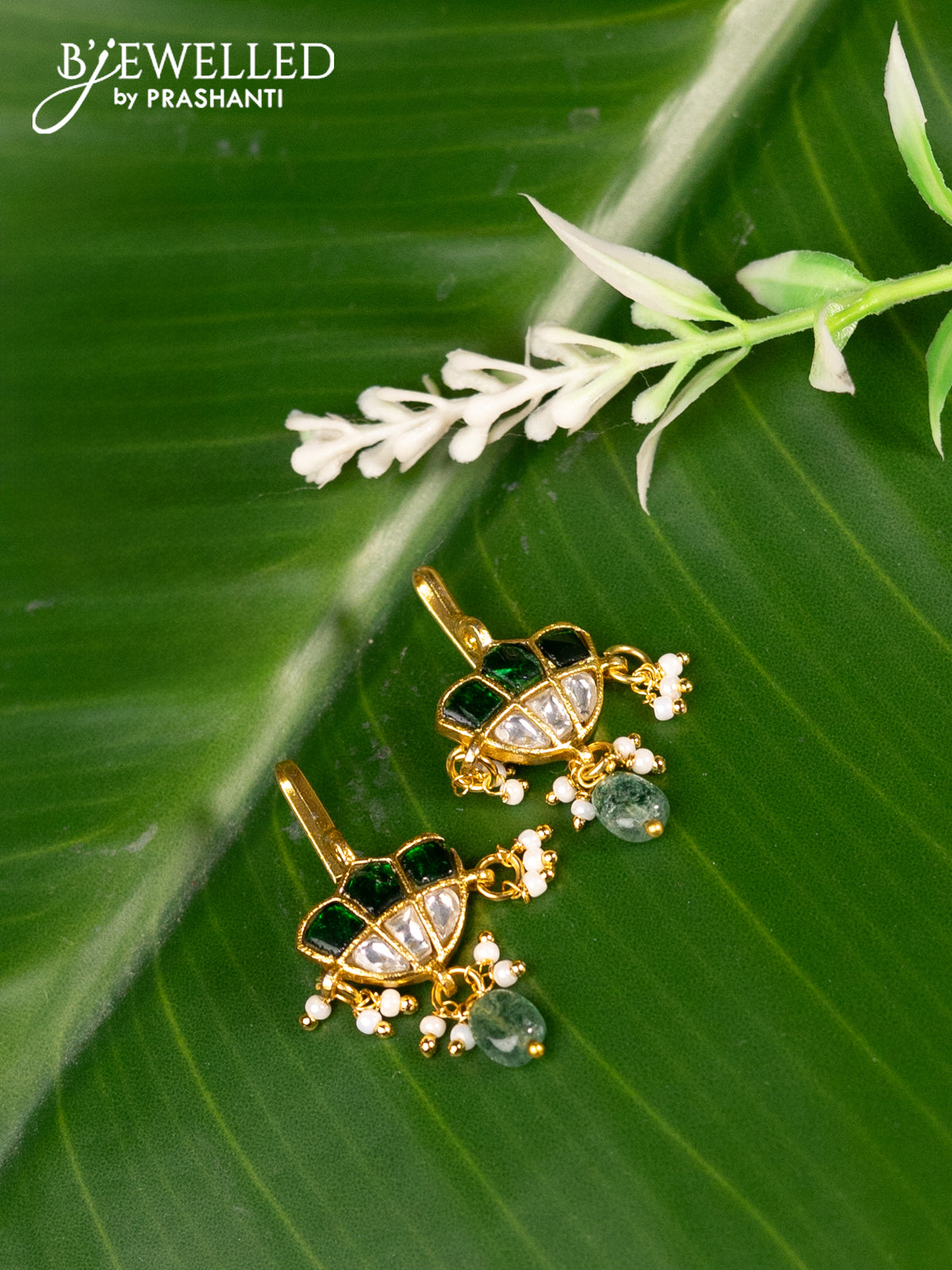 Bugadi earrings with green jadau kundan stones and pearl & beads hanging