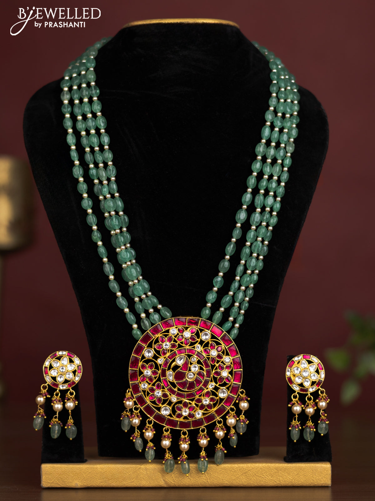 Antique beaded green necklace peacock pendant with jadau kundan stones and pearl & beads hangings