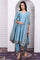 Blue Abstract Printed Beads Jacquard Anarkali Kurta, Palazzo and Dupatta Set