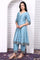 Blue Abstract Printed Beads Jacquard Anarkali Kurta, Palazzo and Dupatta Set