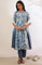 Blue Printed Flarred Kurta with Palazzo & Dupatta Set