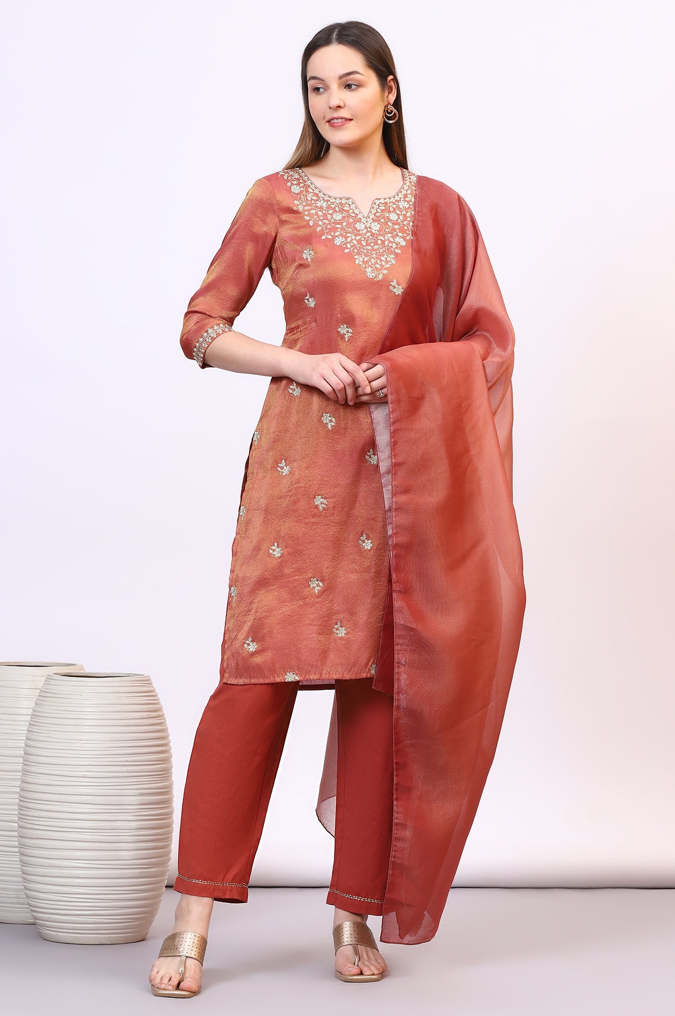 Brown Zari Embroidered Festive Straight Kurta, Palazzo Set with Dupatta