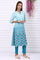 Blue Geometric Printed Yarn Dyed Straight Kurta and Trousers Co-ord Set