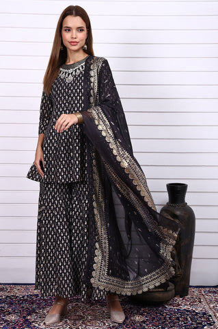 Black Ethnic Motifs Zari Embroidered Flared Kurta, Sharara and Dupatta Set