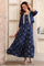 Blue Dyed Thread Embroidered Flared Cotton Blend Dress and Jacket Set