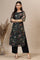 Black Floral Printed Straight Kota Kurta with Embroidered Neckline