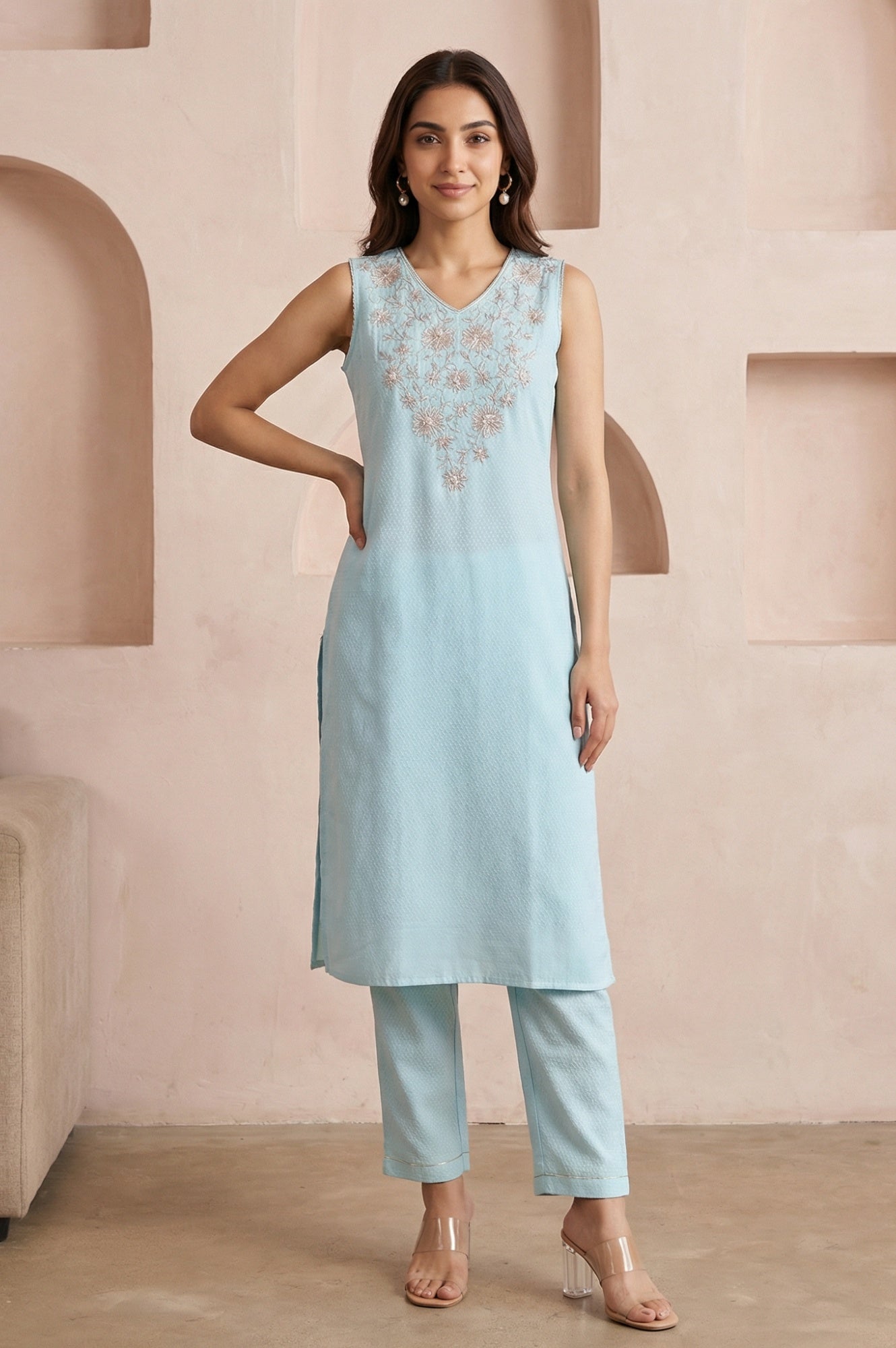 Light Blue Zari Embroidered Straight Kurta With Trousers Co-ord Set