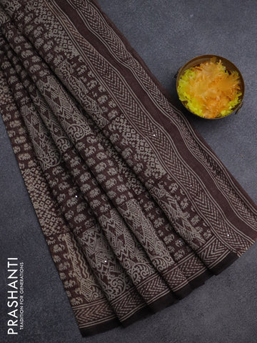 Chanderi silk cotton saree brown and beige with allover prints & mirror work and printed border