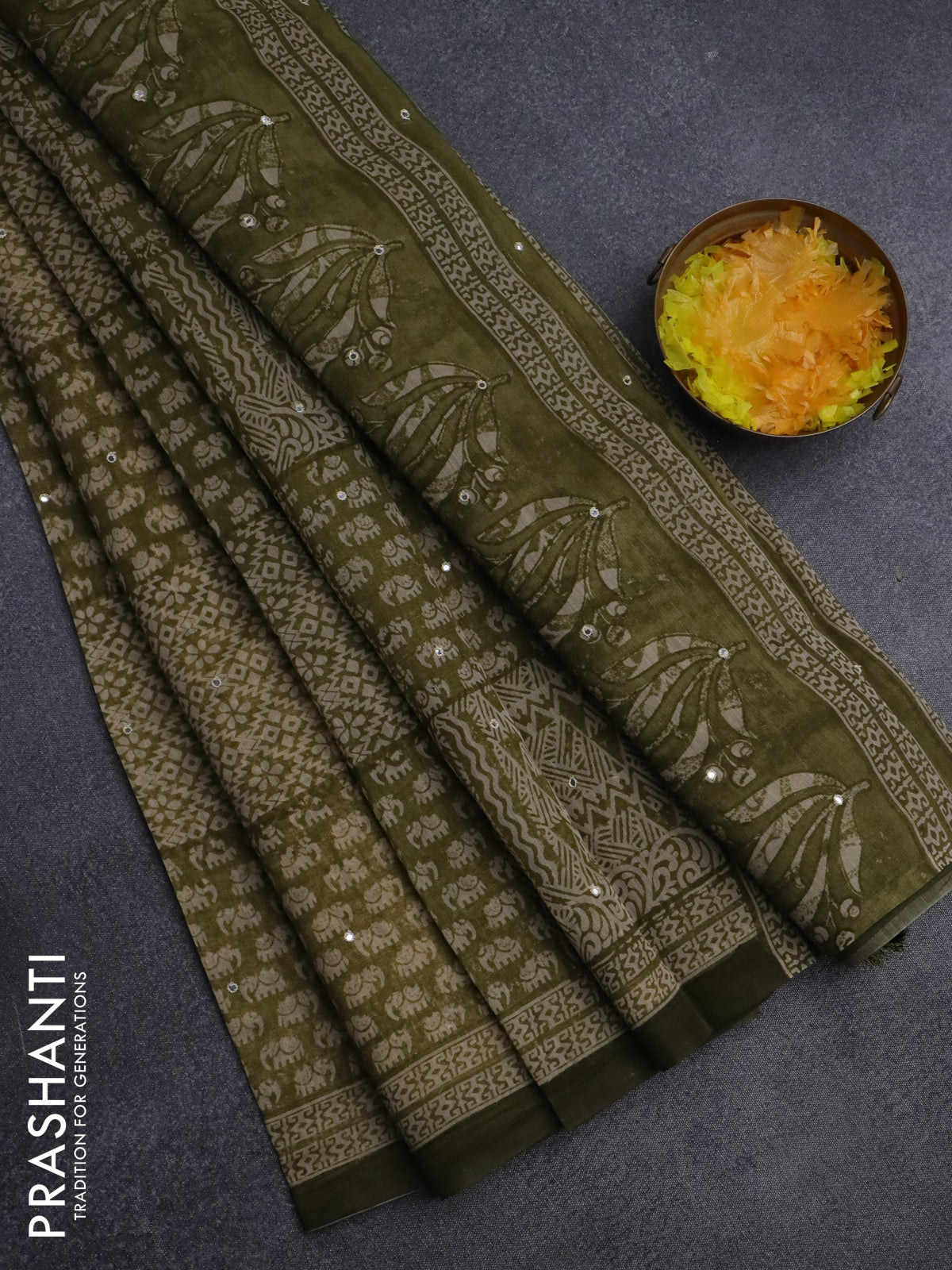 Chanderi silk cotton saree mehendi green and beige with allover prints & mirror work and printed border