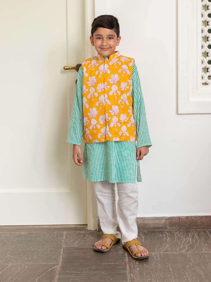 Set of 3 - Adwait Organic Cotton Block Printed Long Kurta with Jacket