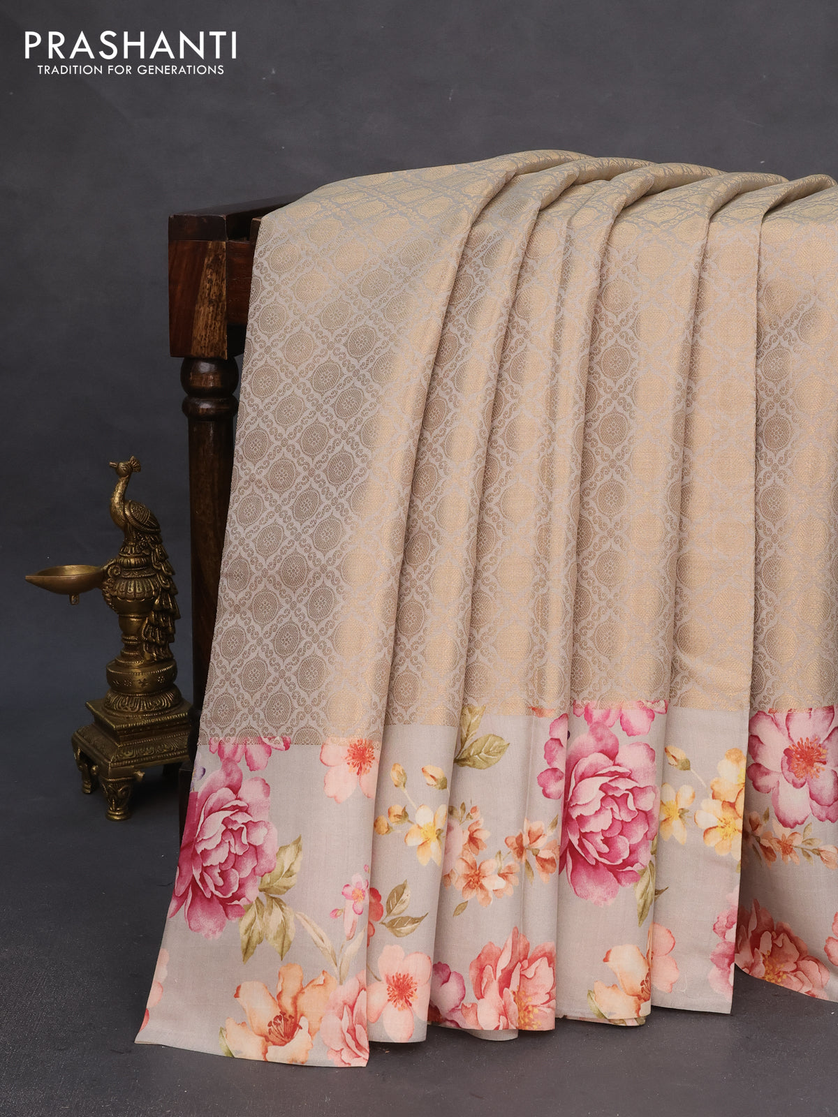 Banarasi silk saree pastel grey with allover zari woven brocade weaves and floral digital printed border