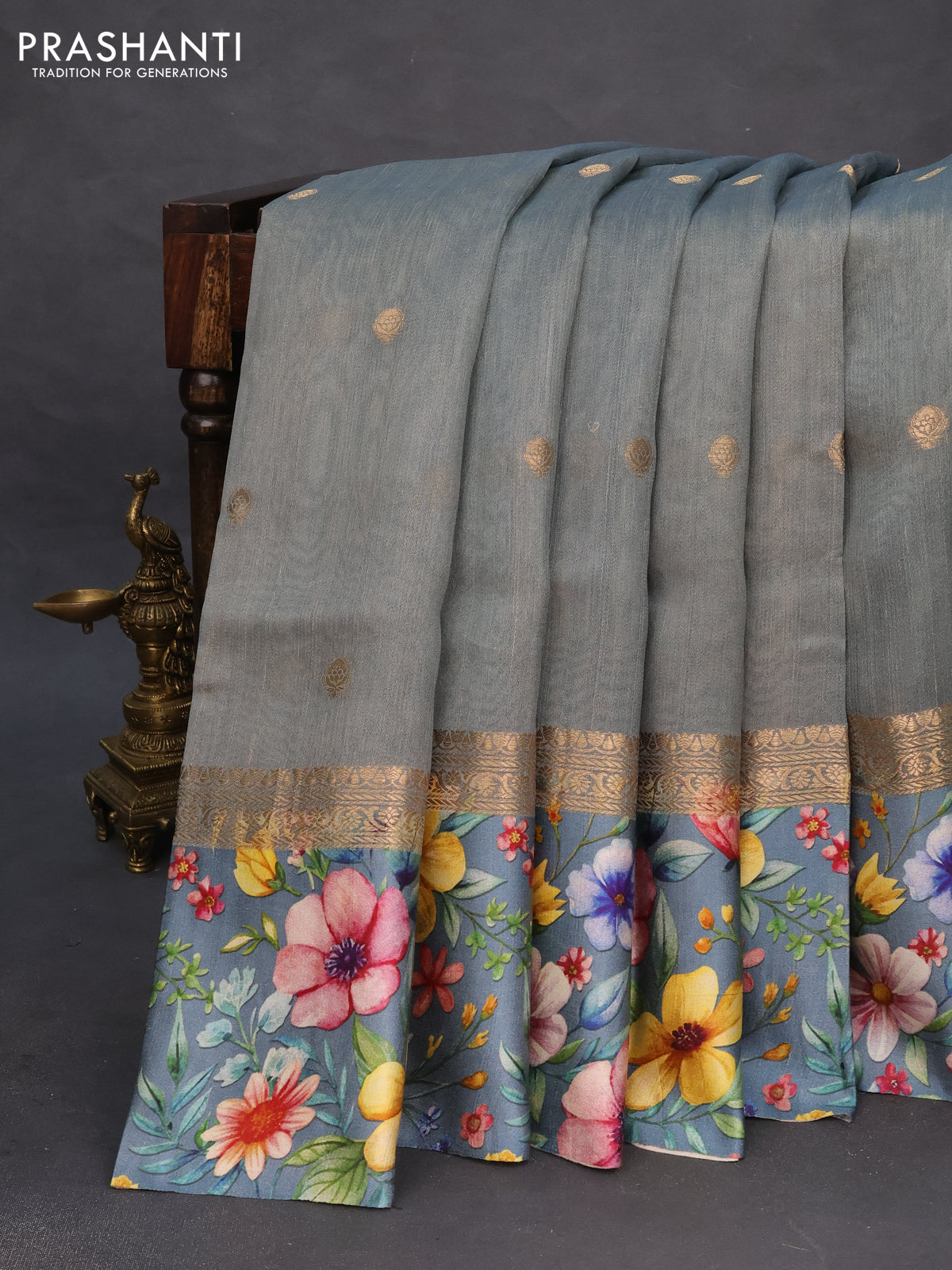 Banarasi tussar silk saree grey with zari woven buttas and zari woven floral digital printed border