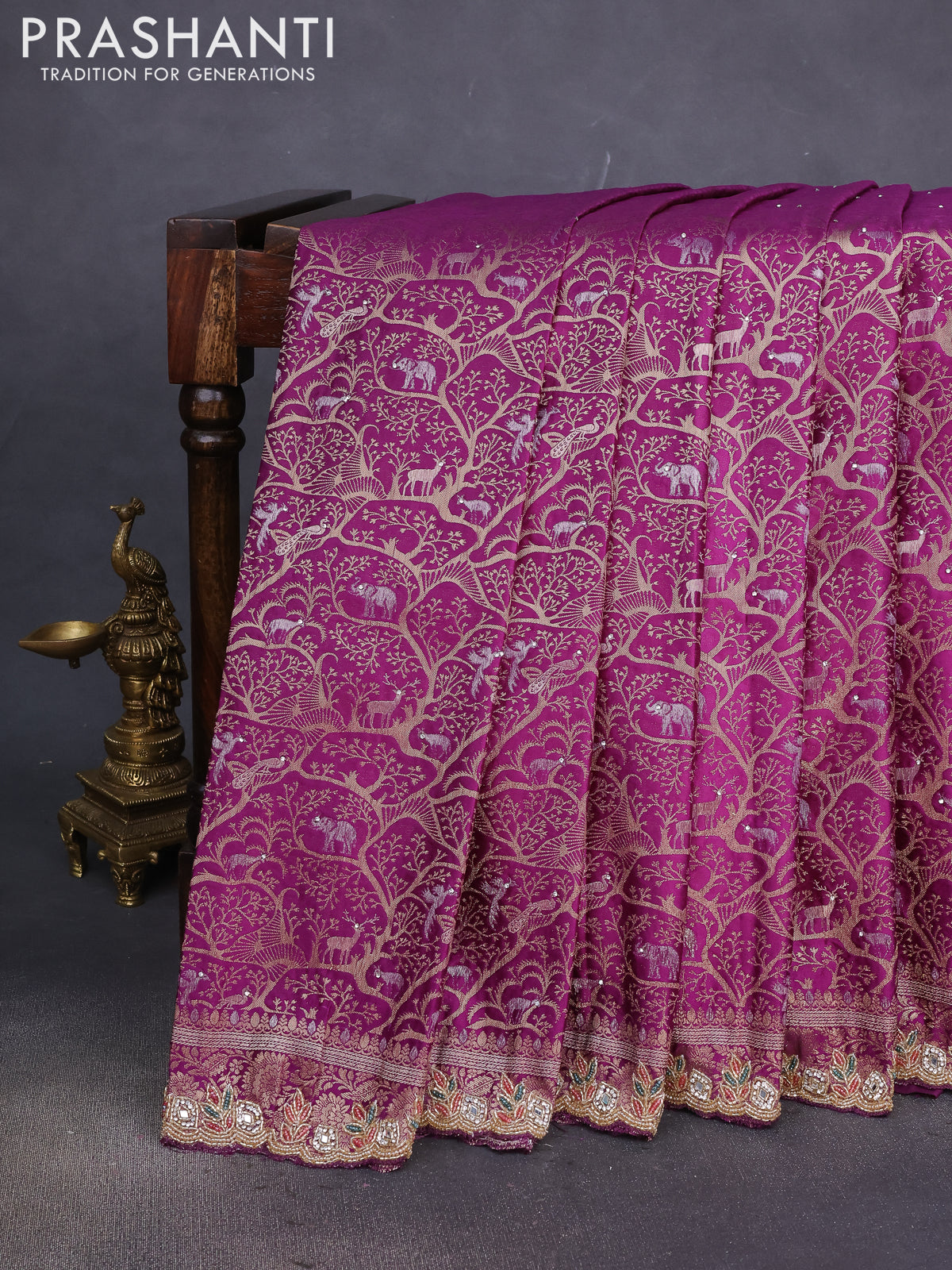 Banarasi silk saree purple with allover zari woven brocade weaves and embroidery mirror work border