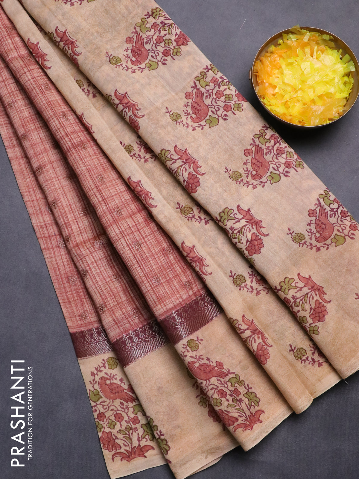 Chanderi silk cotton saree rust shade and beige with allover zari buttas & prints and printed butta border