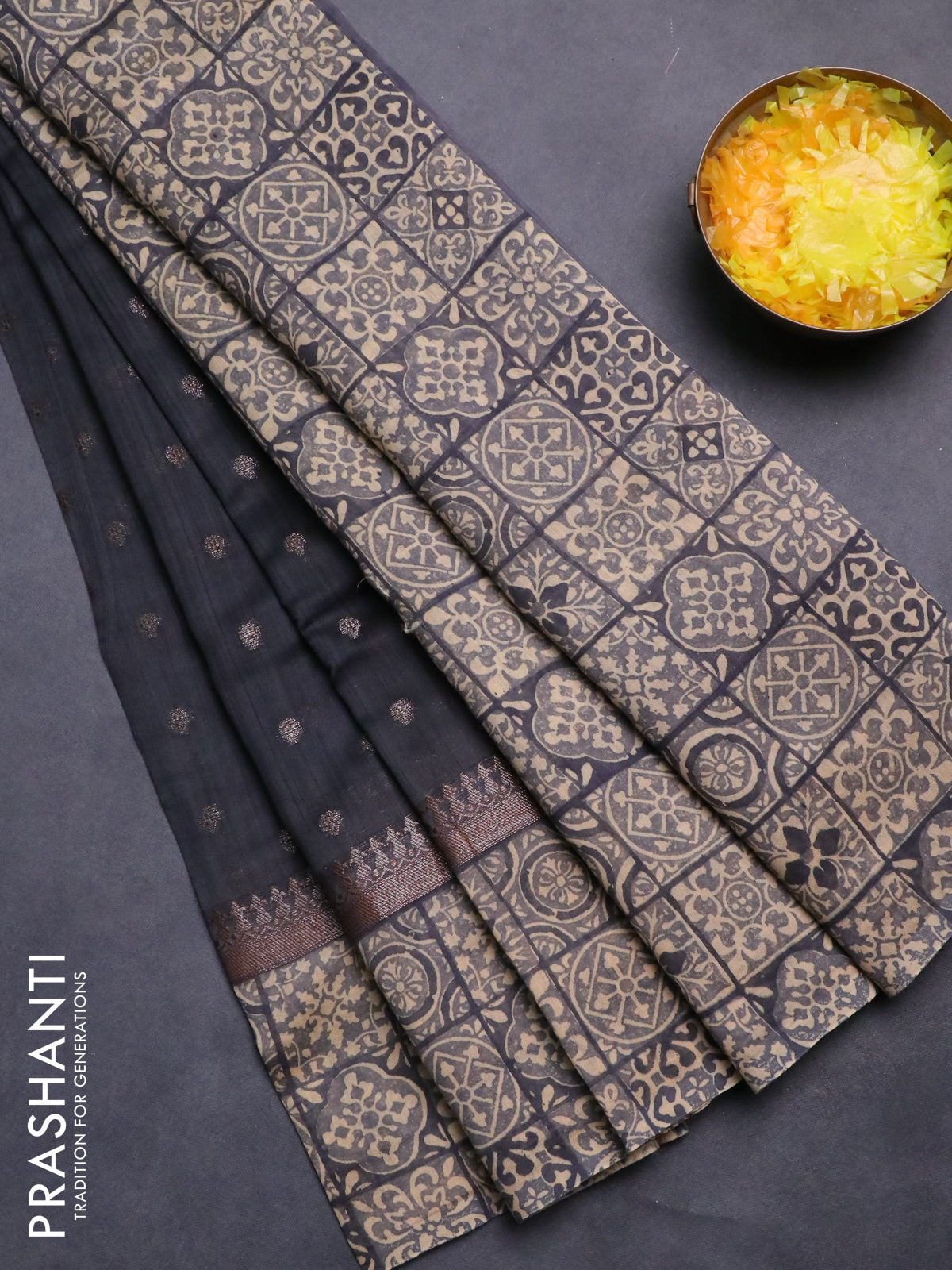 Chanderi silk cotton saree dark grey and beige with allover zari buttas and printed border