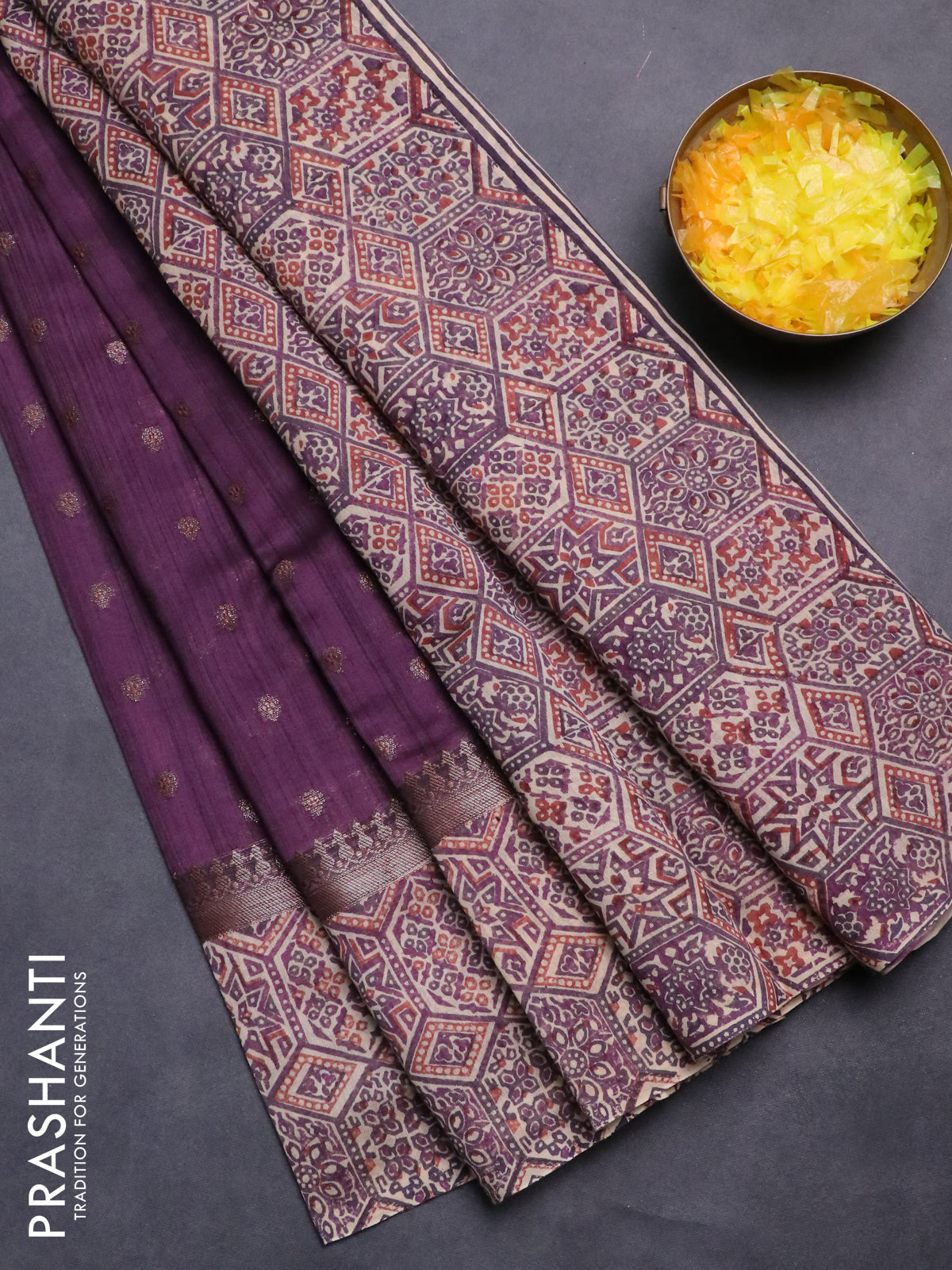 Chanderi silk cotton saree dark purple and beige with allover zari buttas and printed border