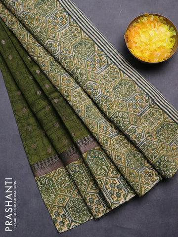 Chanderi silk cotton saree sap green and beige with allover zari buttas and printed border