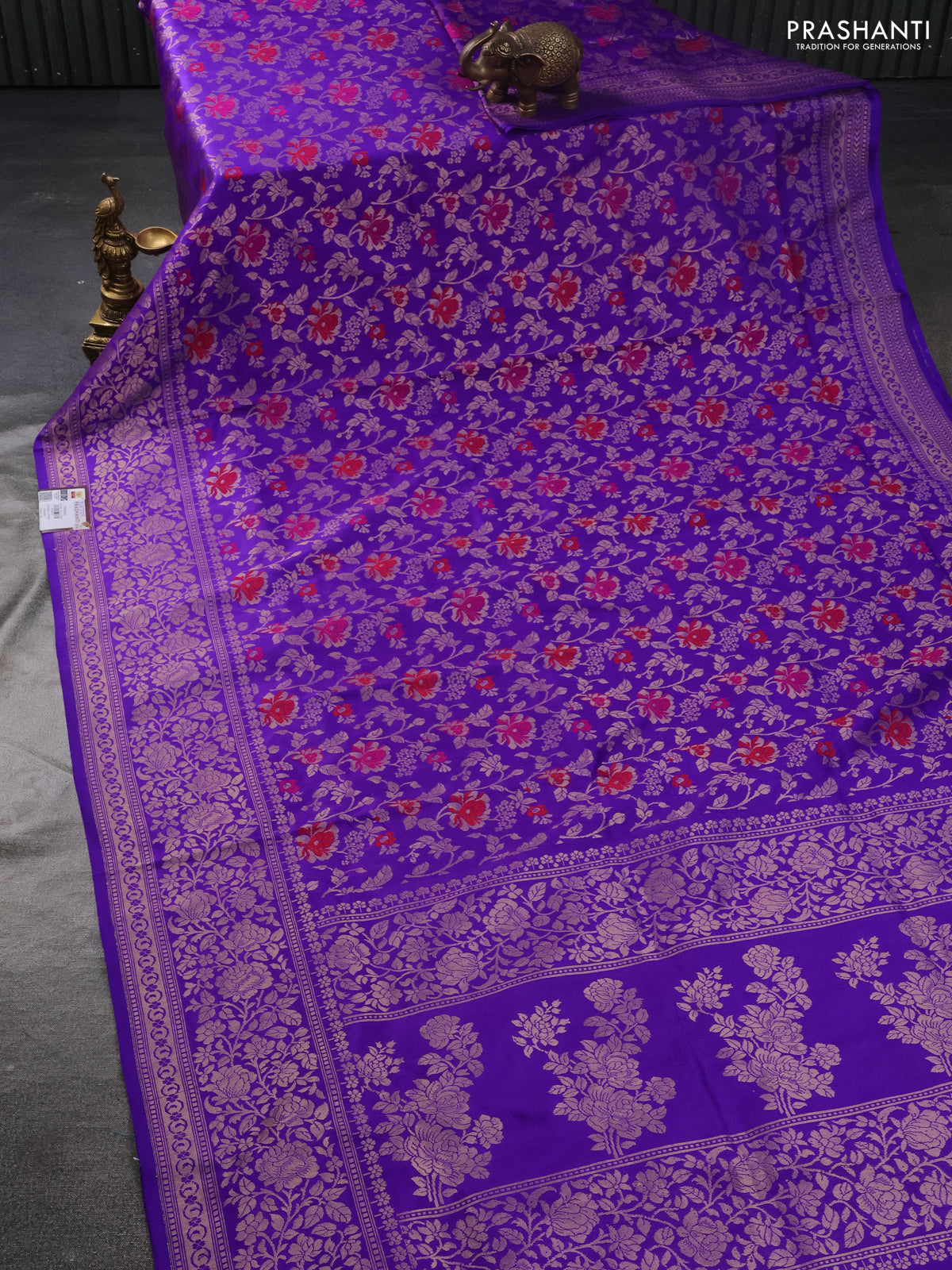 Banarasi uppada silk saree royal blue with allover thread & zari woven floral weaves and floral zari woven border